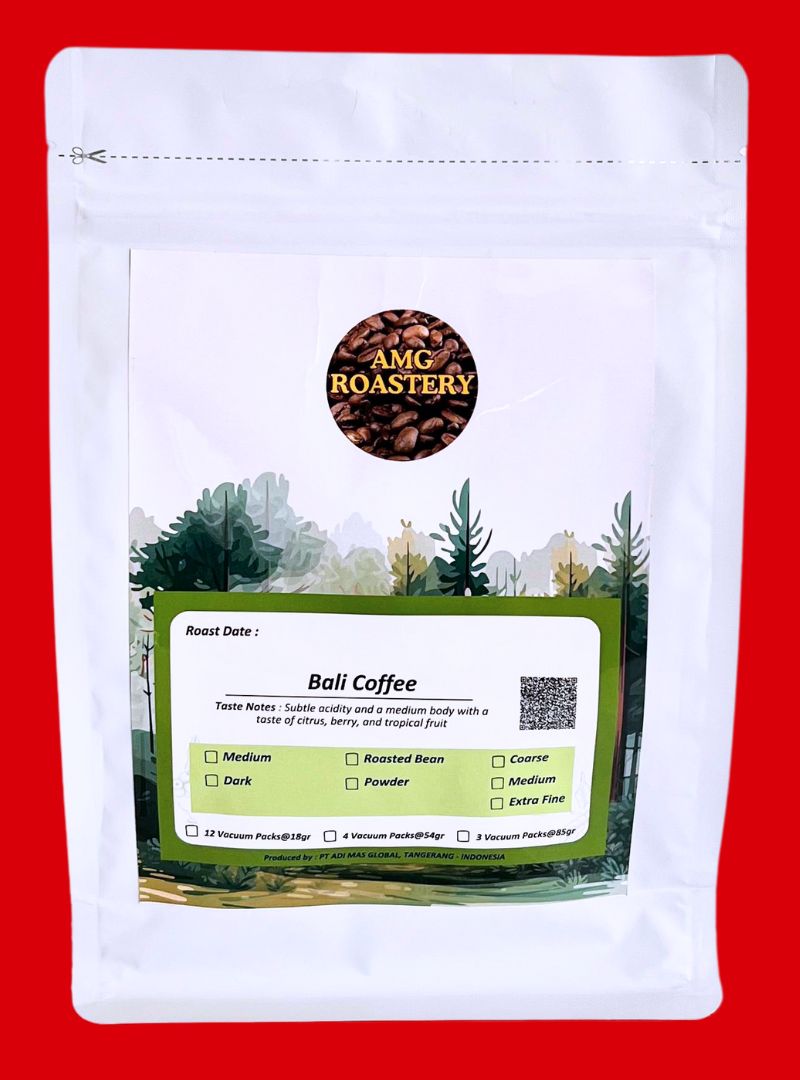 AMG Roastery Premium Bali Arabica coffee in vacuum-sealed pouch. Freshly roasted, whole beans or ground options.