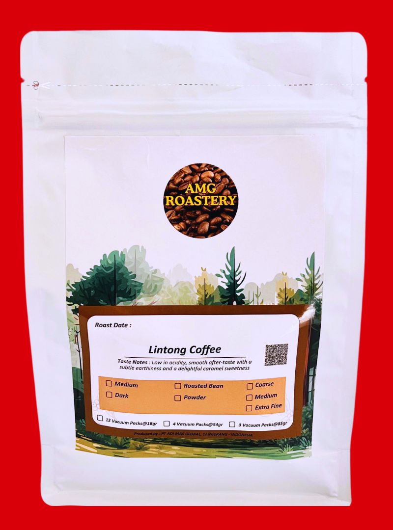 AMG Roastery Premium Lintong Arabica coffee in vacuum-sealed pouch. Freshly roasted, whole beans or ground options.