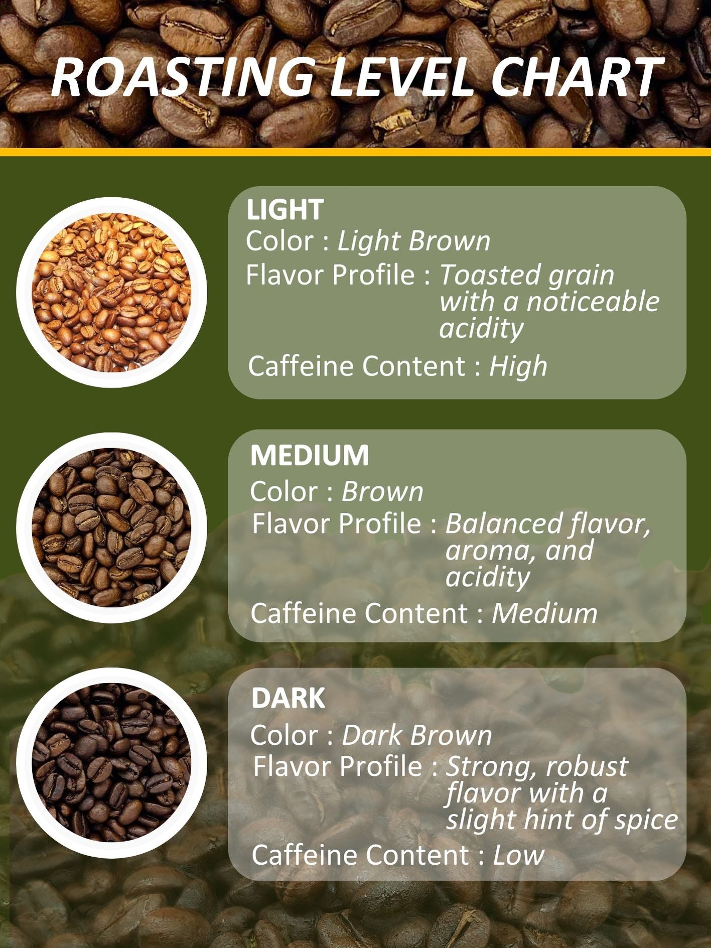 AMG Roastery Premium Flores coffee roast level chart: light, medium, dark. Shows color, flavor profile, caffeine content.