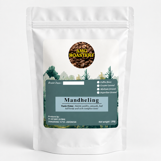 AMG Roastery Premium Mandheling Arabica coffee in vacuum-sealed pouch. Freshly roasted, whole beans or ground options.