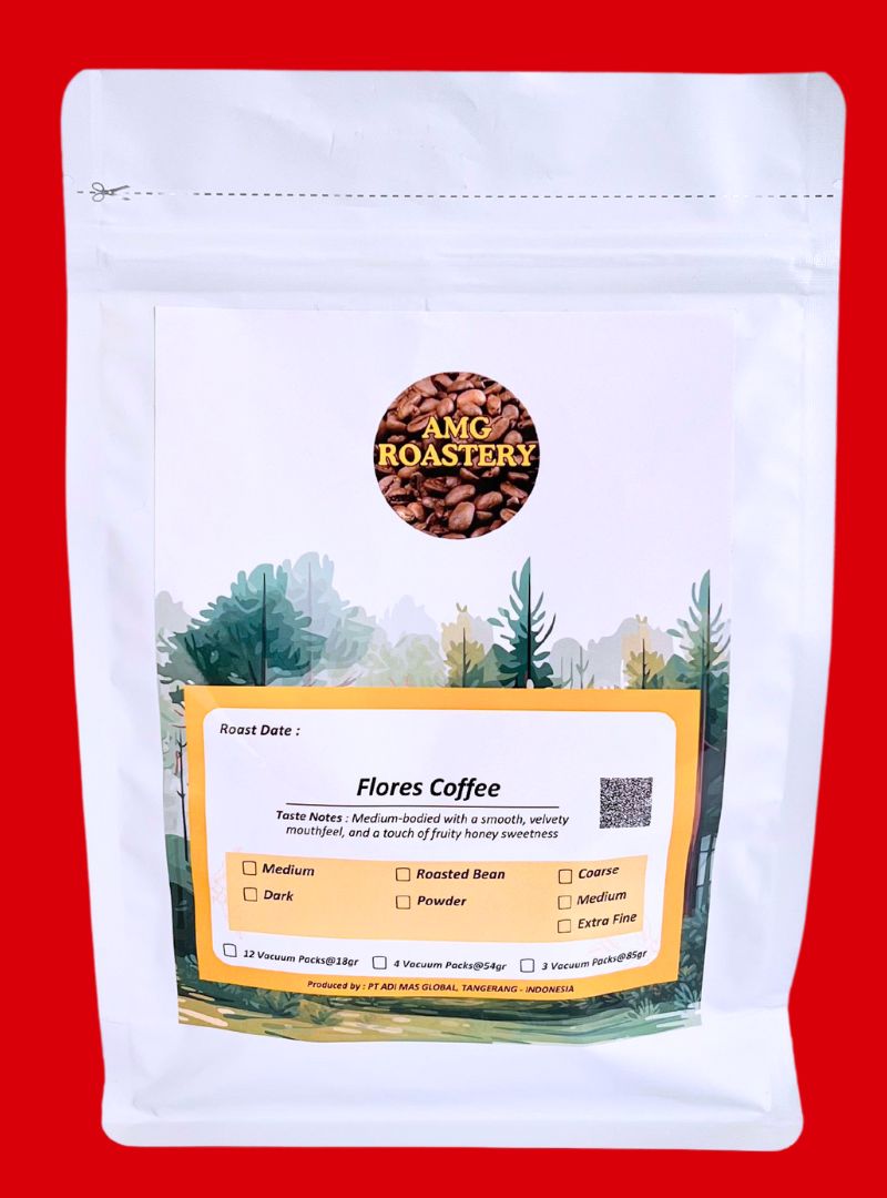 AMG Roastery Premium Flores Arabica coffee in vacuum-sealed pouch. Freshly roasted, whole beans or ground options.