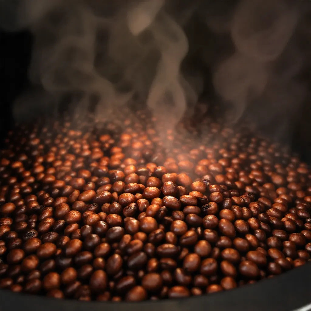 Freshly roasted coffee beans emitting steam, highlighting AMG Roastery’s freshness promise