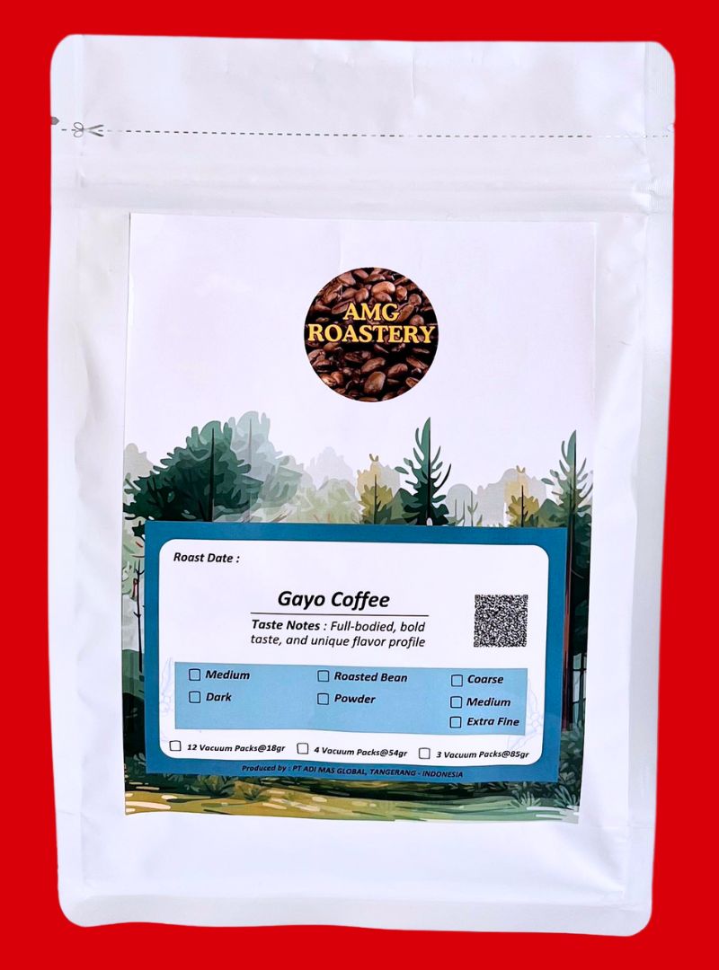 AMG Roastery Premium Gayo Arabica coffee in vacuum-sealed pouch. Freshly roasted, whole beans or ground options.