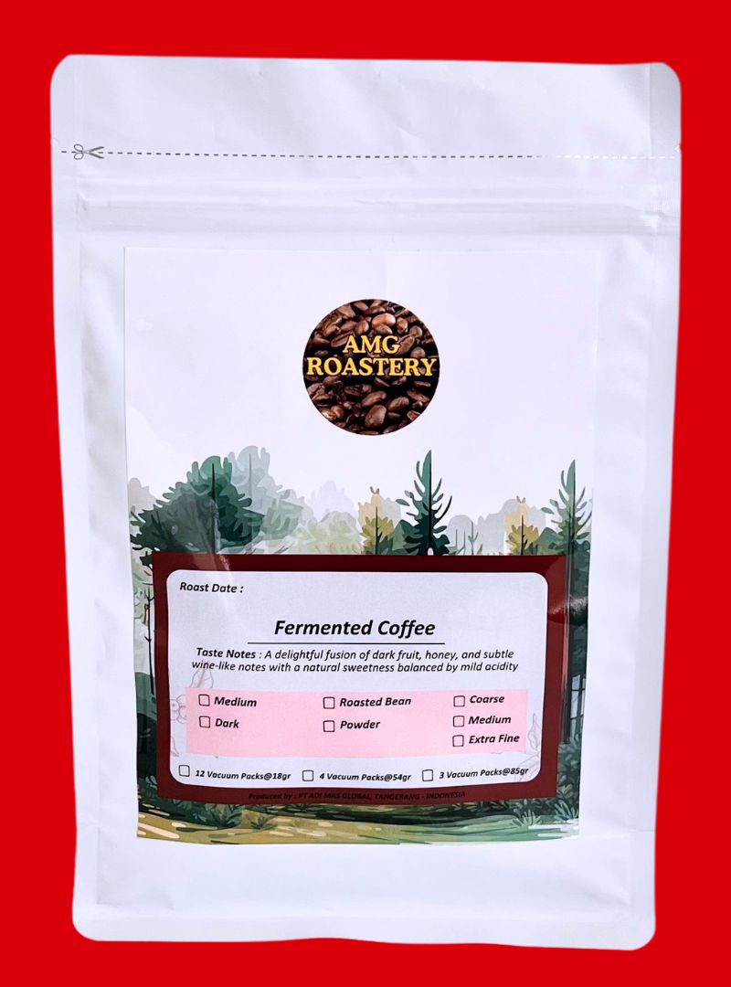 AMG Roastery Premium Fermented Arabica coffee in vacuum-sealed pouch. Freshly roasted, whole beans or ground options.
