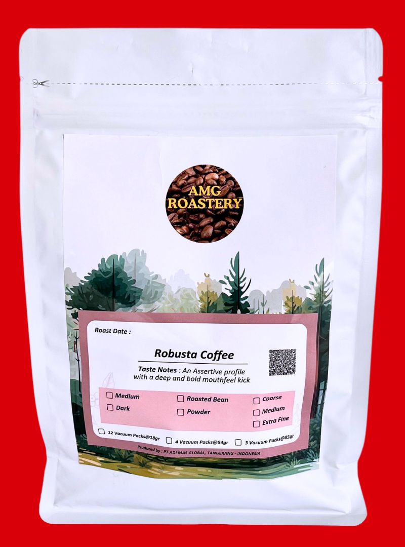AMG Roastery Premium Robusta coffee in vacuum-sealed pouch. Freshly roasted, whole beans or ground options.