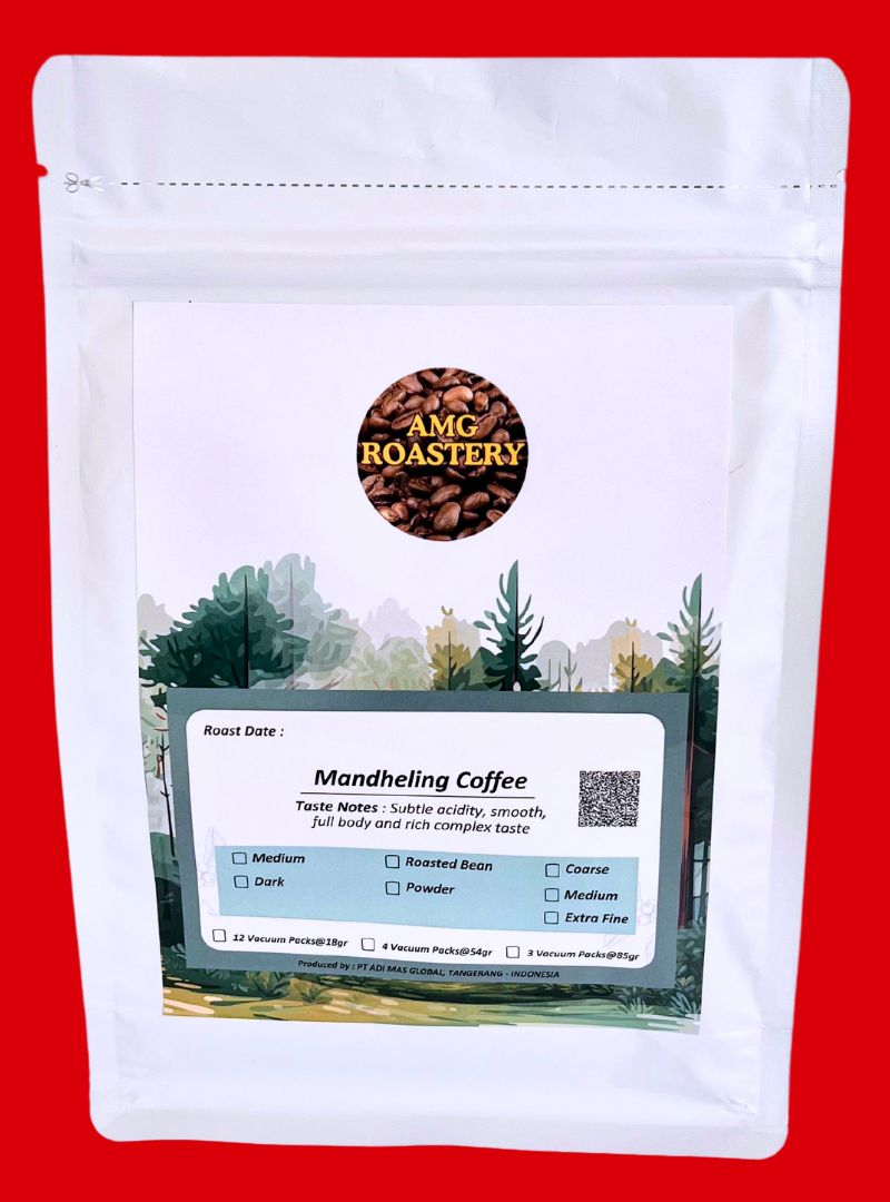 AMG Roastery Premium Mandheling Arabica coffee in vacuum-sealed pouch. Freshly roasted, whole beans or ground options.
