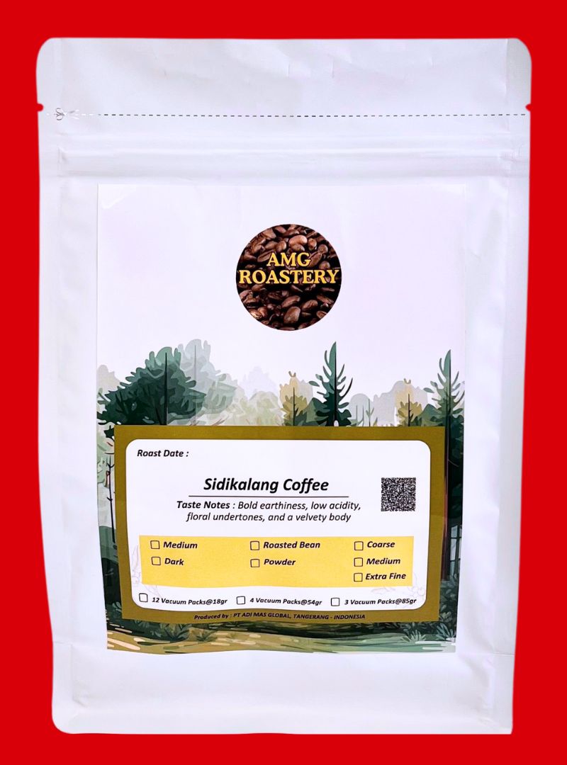 AMG Roastery Premium Sidikalang Arabica coffee in vacuum-sealed pouch. Freshly roasted, whole beans or ground options.