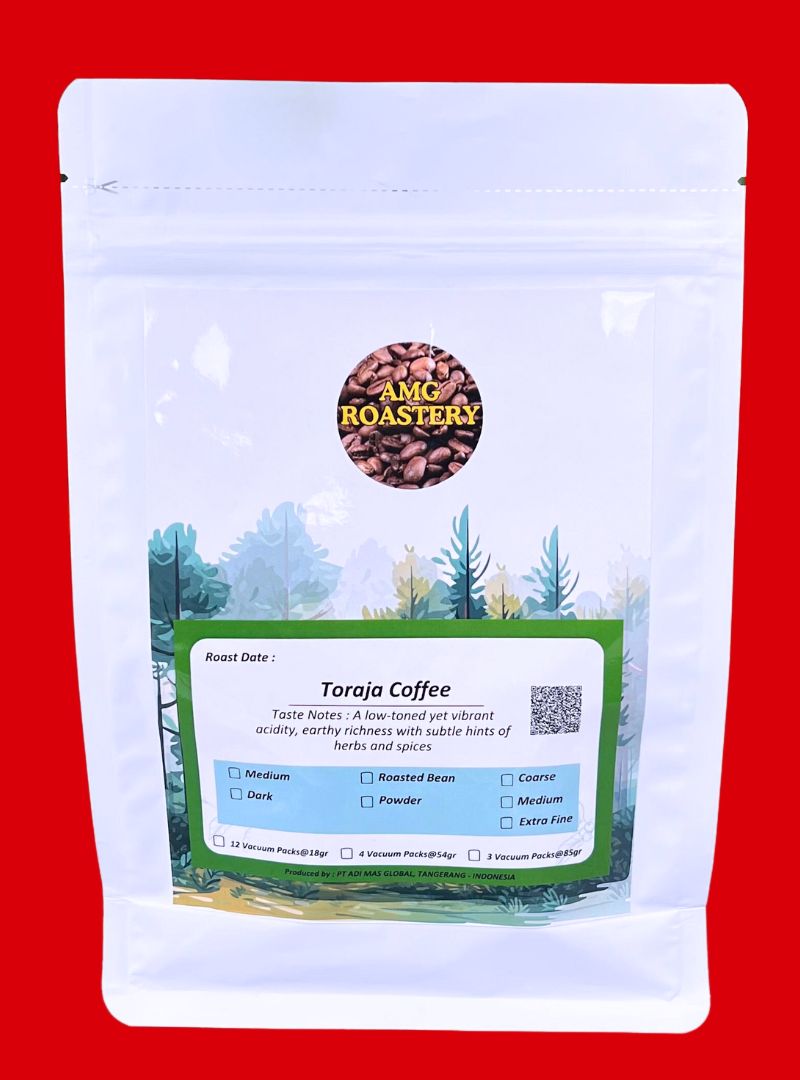 AMG Roastery Premium Toraja Arabica coffee in vacuum-sealed pouch. Freshly roasted, whole beans or ground options.